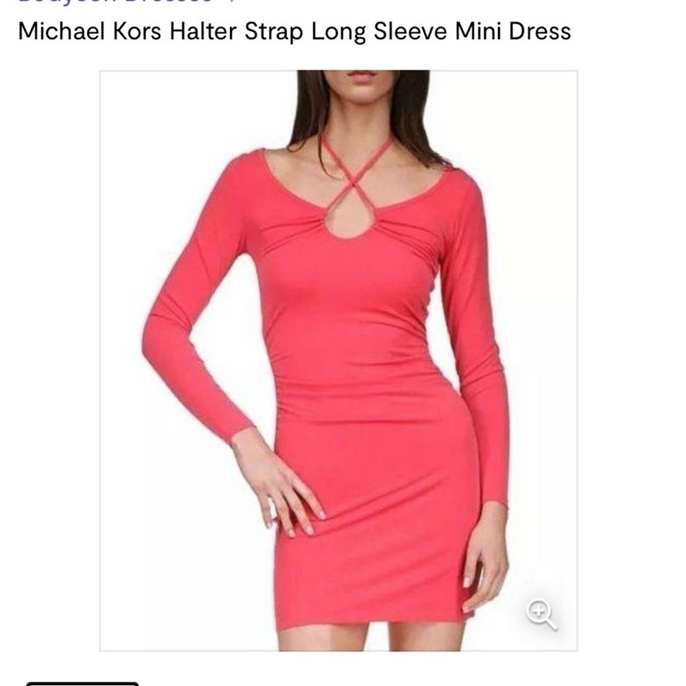 Michael Kors Halter Strap Ruched Geranium Long Sleeve Mini Dress Medium